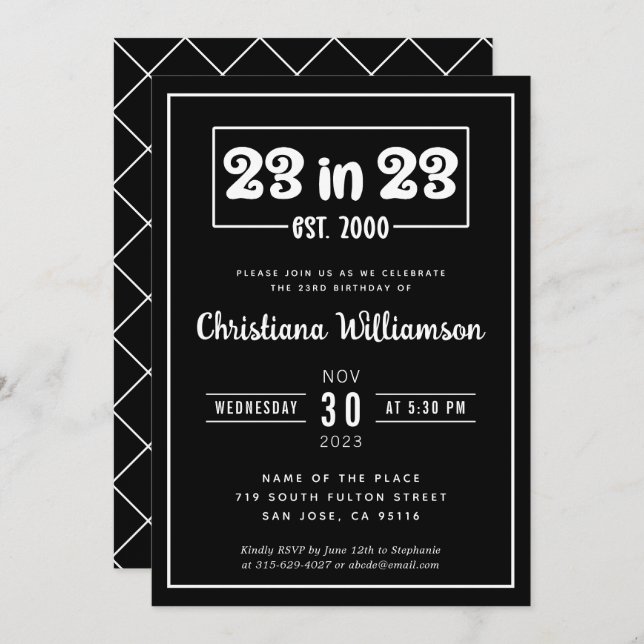 Convite Elegante 23º presente de aniversário 23 em 23 de a (Frente/Verso)