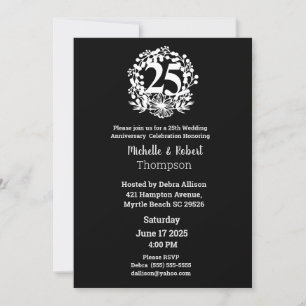 Convite Elegante 25º Aniversário de Casamento Preto Branco