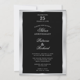 Convite Elegante 25º Aniversário de Casamento Preto e Prat