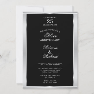 Convite Elegante 25º Aniversário de Casamento Preto e Prat