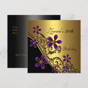 Convite Elegante 30º Aniversário Preto Roxo Dourado Floral