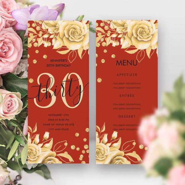Convite Elegante 30 Aniversário Dourado Cinza Vermelha (Elegant 30 Birthday Menu Gold Red Floral Glitter Invitation)
