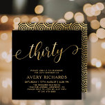 Convite Elegante 30 Dourado Script Black aniversário de 30<br><div class="desc">Chic Black e Dourado Convite para aniversário de 30 anos de 30 Script. Este convite de aniversário moderno modelo apresenta texto "trinta" na moda em uma enorme folha de ouro falso, escrita à mão, escrita à caligrafia (ou tipografia) com caudas de haste, detalhes da festa em cor dourada sobre fundo...</div>