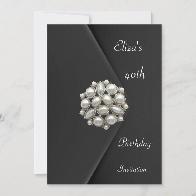 Convite Elegante 40th Black Velvet Pearl Jewel (Frente)