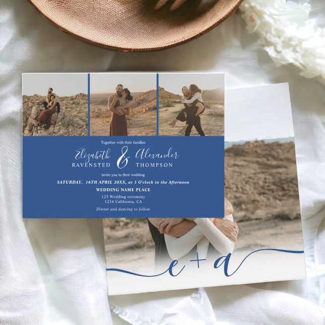 Convite Elegante 4 Fotos modernas roteiro branco azul de c (Elegant 4 Photos modern script wedding blue white Invitation)