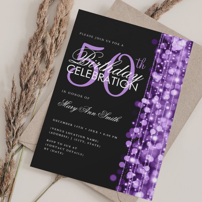 Convite Elegante 50ª Festa de aniversário de brilho roxo (Elegant 50th Birthday Glam Sparkle Rose Purple Invitation)