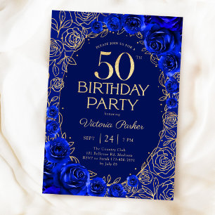 Convite Elegante 50º Aniversário Azul Real Dourado Floral