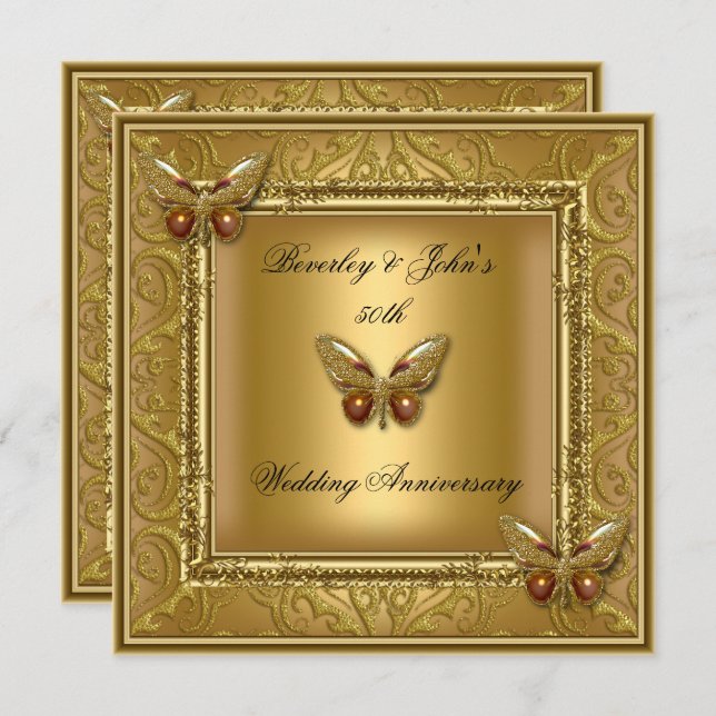 Convite Elegante 50º Aniversário de Bodas Dourado Damask (Frente/Verso)