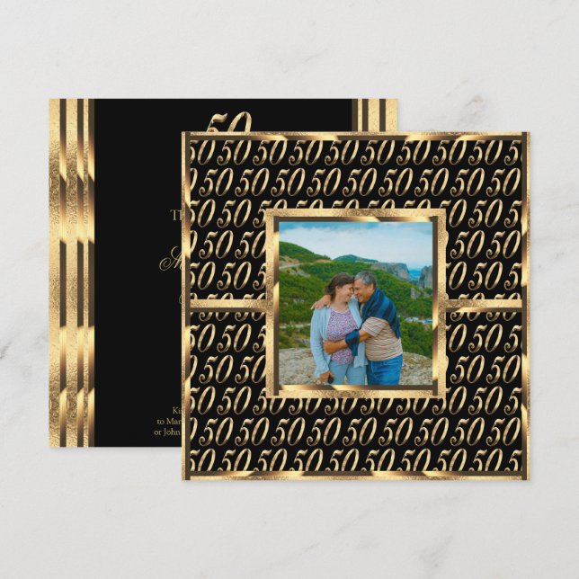 Convite Elegante 50º Aniversário de Bodas Preto e Dourado (Frente/Verso)