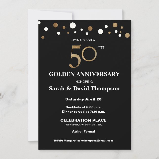 Convite Elegante 50º aniversário de casamento dourado e pr (Frente)
