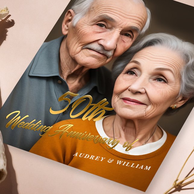 Convite Elegante 50º Aniversário de Casamento : Script Dou (Elegant 50th Wedding Anniversary 3D Gold Script Invitation)