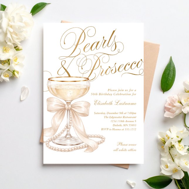 Convite Elegante 50º Aniversário Pérolas e Prosecco (Elegant 50th Birthday Pearls and Prosecco Invitation)