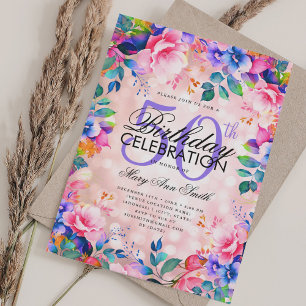 Convite Elegante 50º Aniversário Rosa Dourado Rainbow Flor