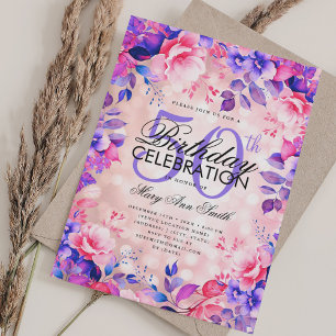 Convite Elegante 50º Aniversário Rosa Dourado Roxo Floral