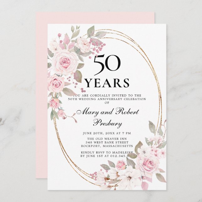 Convite Elegante 50º Aniversário Rosa Rosa Floral Invitati (Frente/Verso)