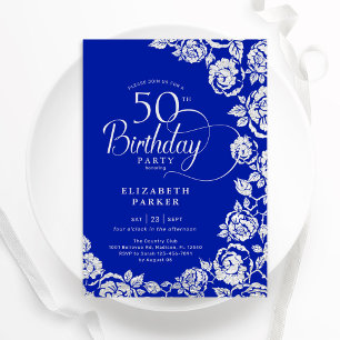 Convite Elegante 50º Aniversário Rosas de Prata Azul Real