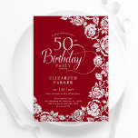 Convite Elegante 50º Aniversário Rosas de Prata Vermelha<br><div class="desc">Floral vermelho prateado 50º convite de aniversário. Design elegante com rosas, folha de ouro falsa e letra de script de tipografia. A Trendy convida o cartão perfeito para uma festa de na moda. Pode ser personalizado para qualquer idade. Personalize com seus próprios detalhes. Impressos convites Zazzle ou modelo de impressão...</div>