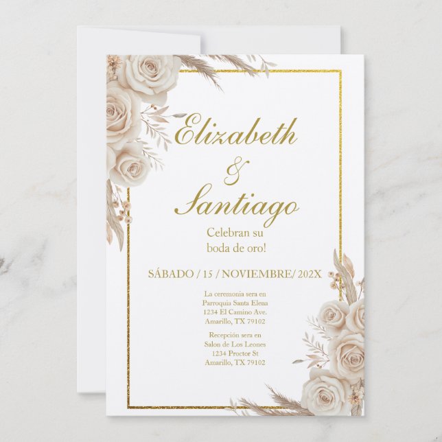 Convite Elegante 50º Casamento Boho Espanhol (Frente)