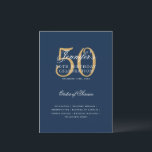 Convite Elegante 50º Programa de Aniversário, Dourado Mari<br><div class="desc">Design de "Programa de Festa de aniversário   Menu" elegante com um script de tipografia sofisticado em azul Dourado e Marinho com texto personalizado.</div>