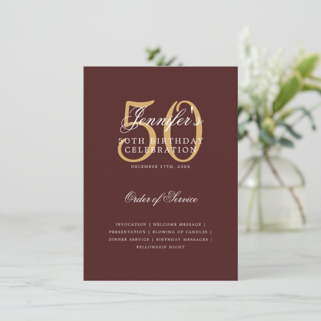 Convite Elegante 50º Programa de Aniversário Dourado Menu  (Em pé/Frente)