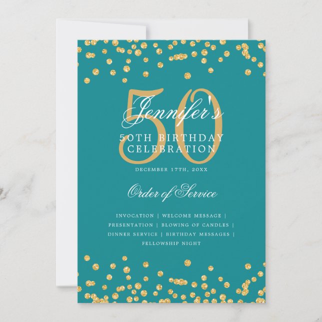 Convite Elegante 50º Programa de Aniversário, Menu Dourado (Frente)