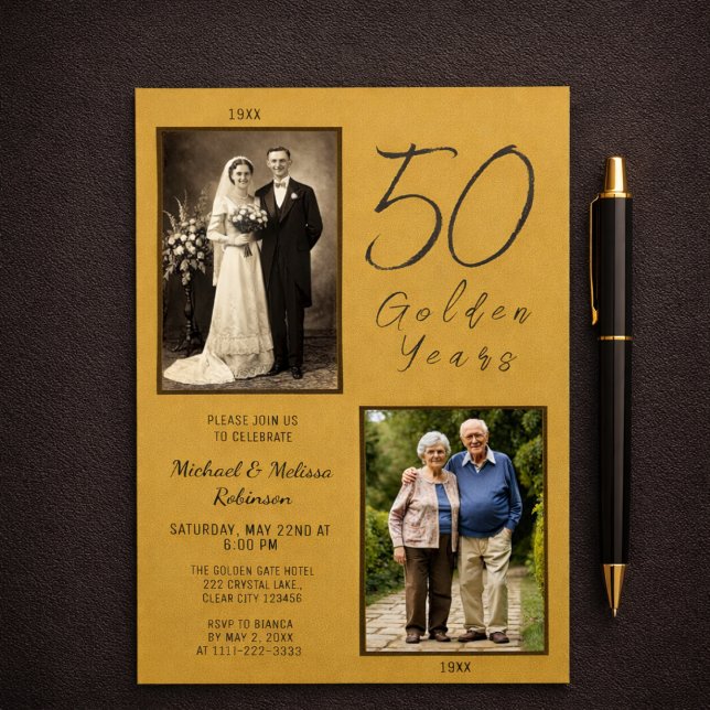 Convite Elegante 50 Anos-Ouro 50º Aniversário de Casamento (Invitation shown beside pen for realistic scale reference)