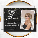 Convite Elegante 50 e Fabulosa Foto Dourada brilhante Pret<br><div class="desc">Convide a família e os amigos para a 50ª festa de aniversário com este convite elegante e na moda. Ele apresenta brilho dourado em fundo preto e tipografia na moda branca. você pode facilmente substituir a foto por uma de suas e personalizar os detalhes.</div>