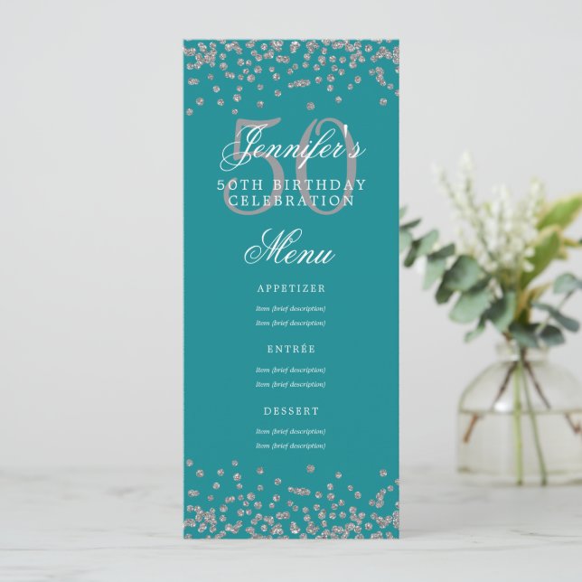 Convite Elegante 50 Menu Aniversário Silver Turquoise Conf (Em pé/Frente)