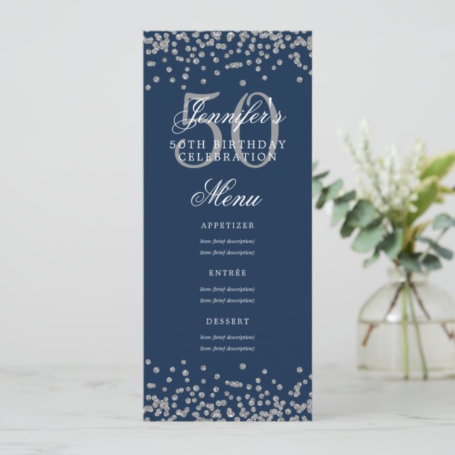Convite Elegante 50 Menu Birthday Marinho Silver Blue Conf (Em pé/Frente)