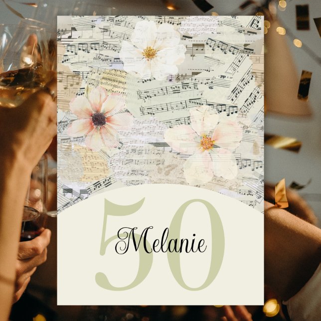 Convite Elegante 50th Birthday Vintage Music Floral (Criador carregado)
