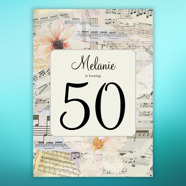Convite Elegante 50th Birthday Vintage Music Floral (Criador carregado)