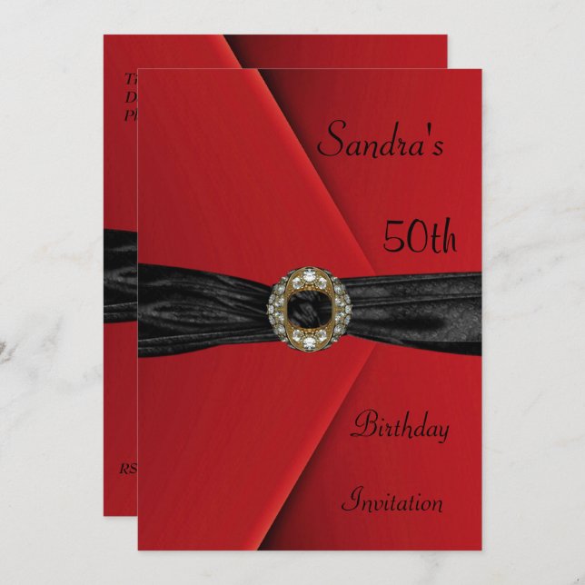Convite Elegante 50th Red Velvet Pearl Jewel Arco (Frente/Verso)
