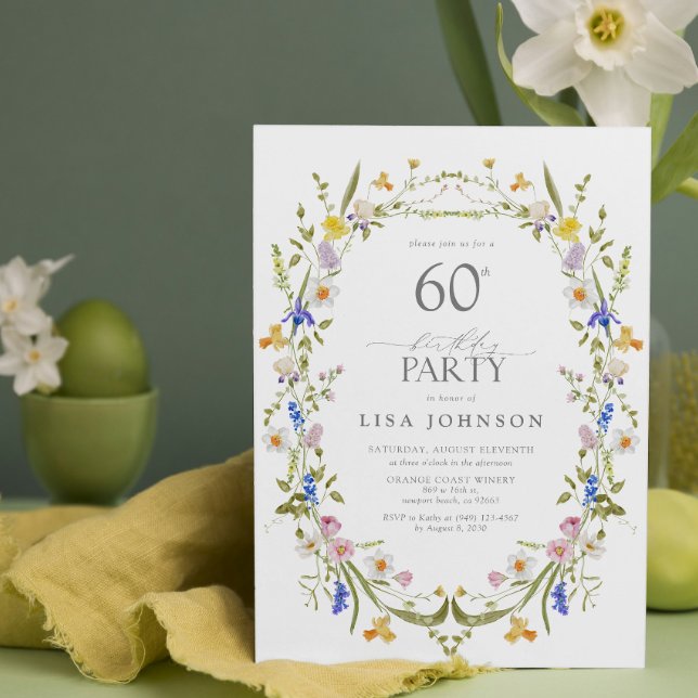 Convite Elegante 60ª Festa de aniversário Floral Watercolo (Easily personalize this beautiful birthday invitation for a memorable milestone!)