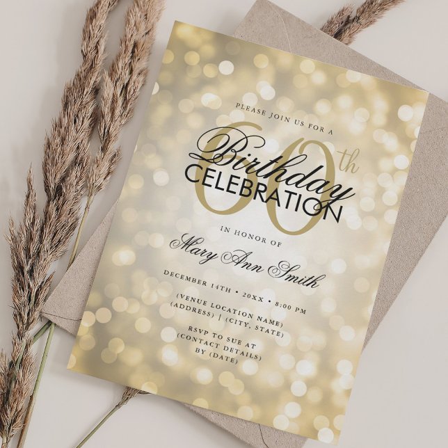 Convite Elegante 60º Aniversário Glam Douradas Luzes Shimm (Elegant 60th Birthday Glam Gold Shimmer Lights Invitation)