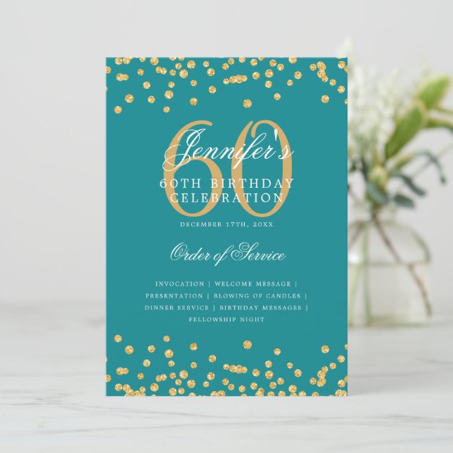 Convite Elegante 60º Programa de Aniversário Menu Dourado  (Em pé/Frente)
