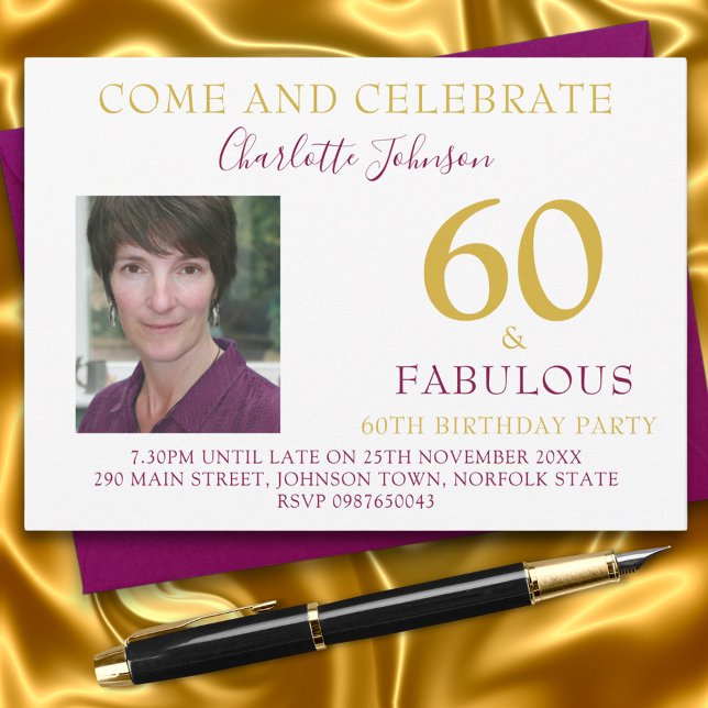 Convite Elegante 60 e Fabulosa Foto 60 anos (60 & Fabulous elegant burgundy and gold 60th birthday party invitation with photo template)