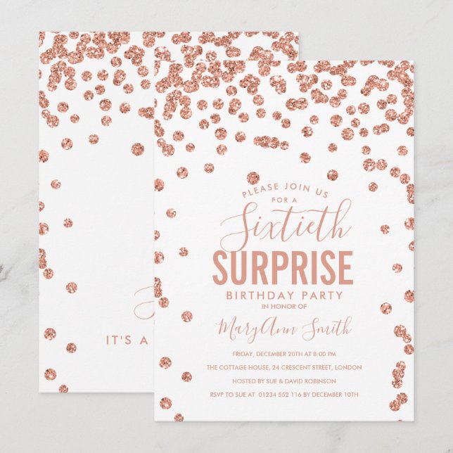 Convite Elegante 60th Surprise Birthday Rosa Dourado (Frente/Verso)