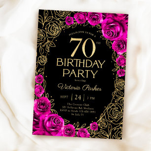 Convite Elegante 70º Aniversário Rosa Fúcsia Preto & Doura