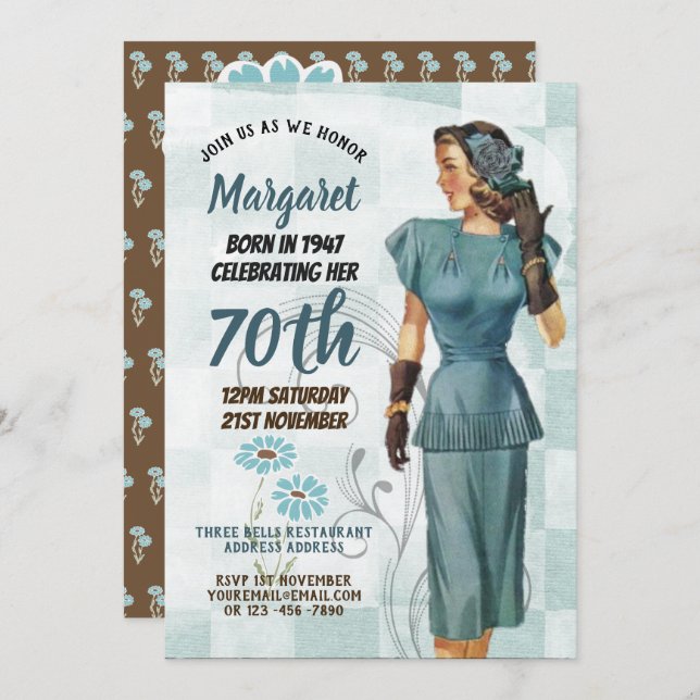 Convite Elegante 70 Birthday Convide RETRO 1940s Mulher (Frente/Verso)