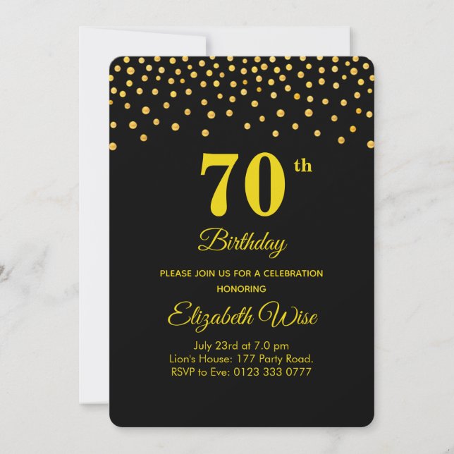 Convite Elegante 70 Birthday e Confetti Dourado em Preto (Frente)
