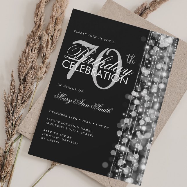 Convite Elegante 70 Birthday Glam Sparkles Silver (Elegant 70th Birthday Glam Sparkles Silver Invitation)