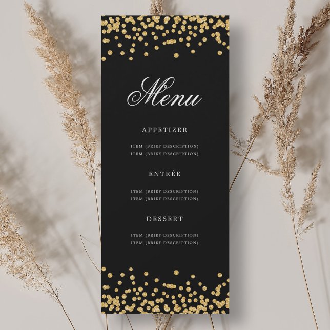 Convite Elegante 70 Birthday Menu Negro Dourado Confetti (Elegant 70th Birthday Menu Gold Black Confetti Invitation)