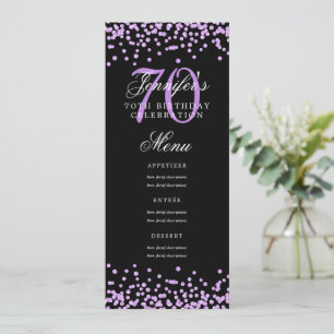 Convite Elegante 70 Birthday Menu Purple Confetti Black