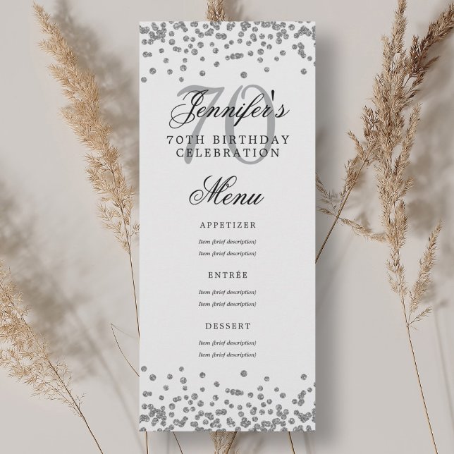 Convite Elegante 70 Birthday Menu Silver Confetti (Elegant 70th Birthday Menu Silver Confetti Invitation)