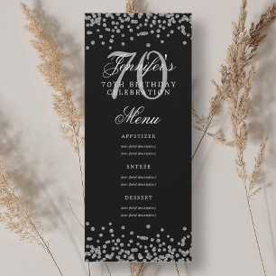 Convite Elegante 70 Birthday Menu Silver Confetti Black