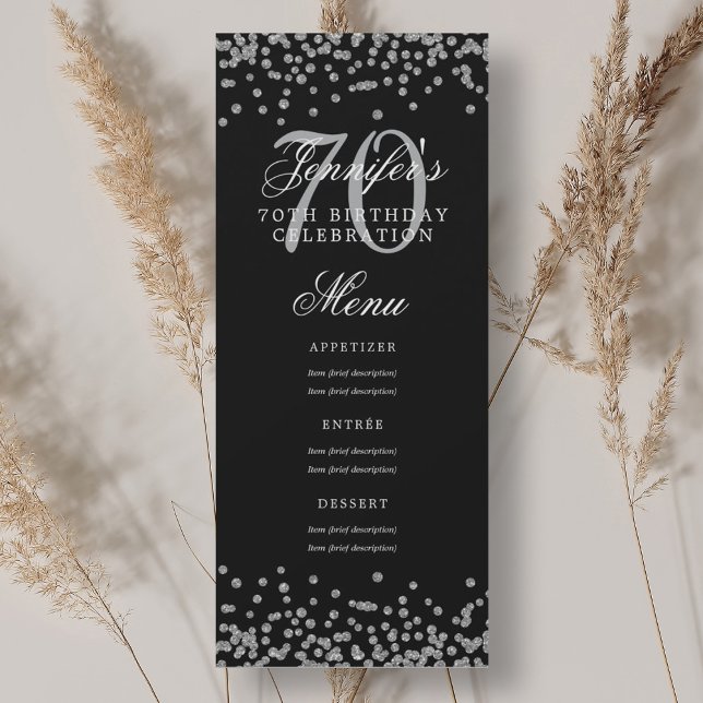 Convite Elegante 70 Birthday Menu Silver Confetti Black (Elegant 70th Birthday Menu Silver Confetti Black Invitation)