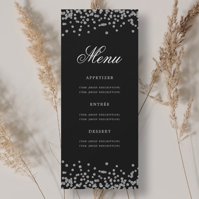 Convite Elegante 70 Birthday Menu Silver Confetti Black (Elegant 70th Birthday Menu Silver Confetti Black Invitation)