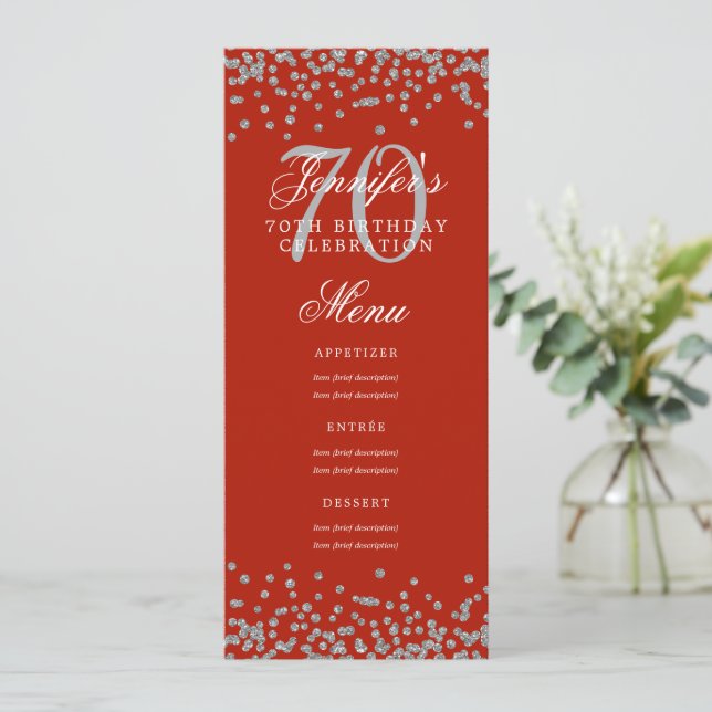 Convite Elegante 70 Birthday Menu Silver Confetti Red (Em pé/Frente)