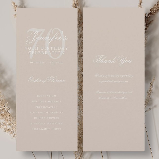 Convite Elegante 70 Birthday Program Champagne Obrigado (Elegant 70th Birthday Program Champagne Thank You)