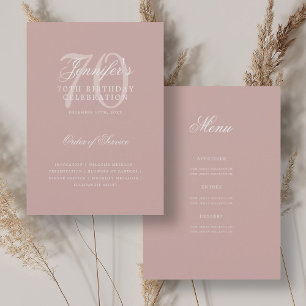Convite Elegante 70 Birthday Program Dusty Rosa com Menu